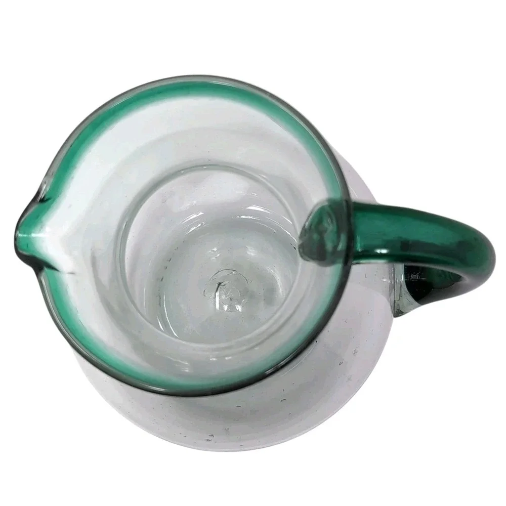 Mexican Hand Blown Glass Margarita Pitcher Vase Clear/Emerald Green Rim & Handle